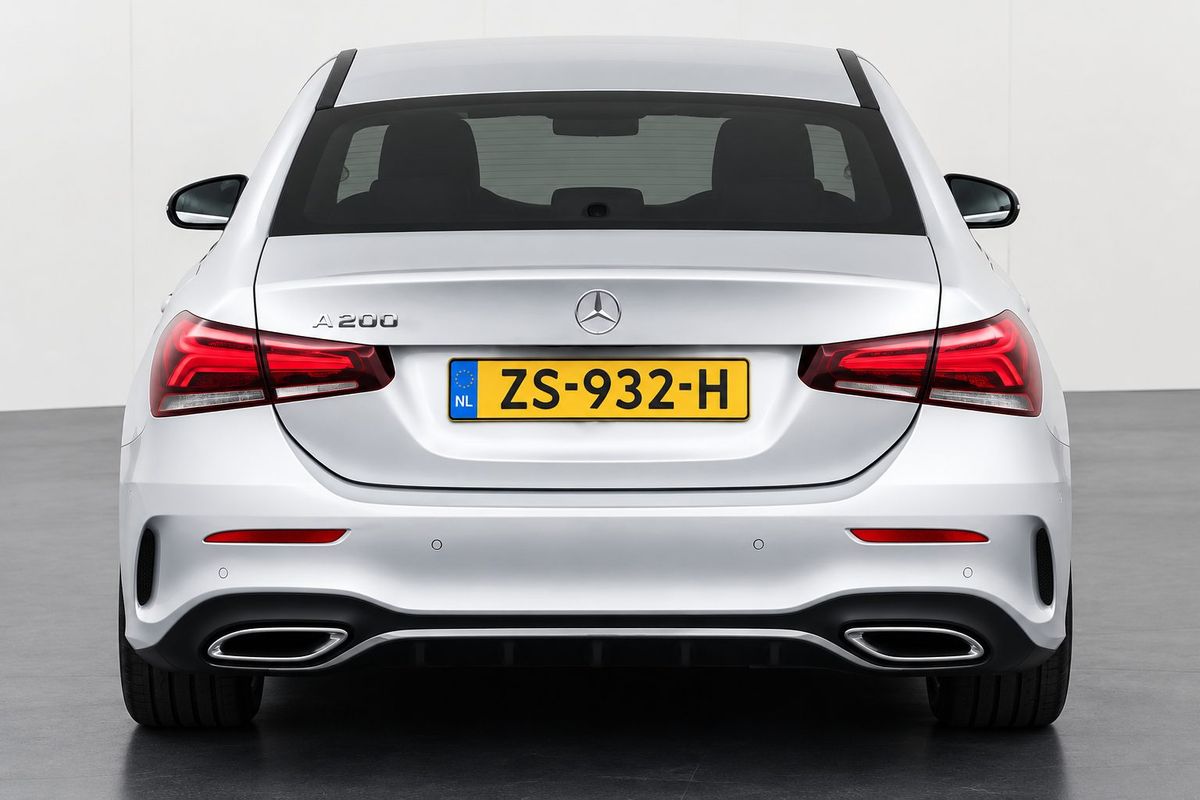 De Mercedes A200 lesauto van Rijschool Kreps, recht van achteren